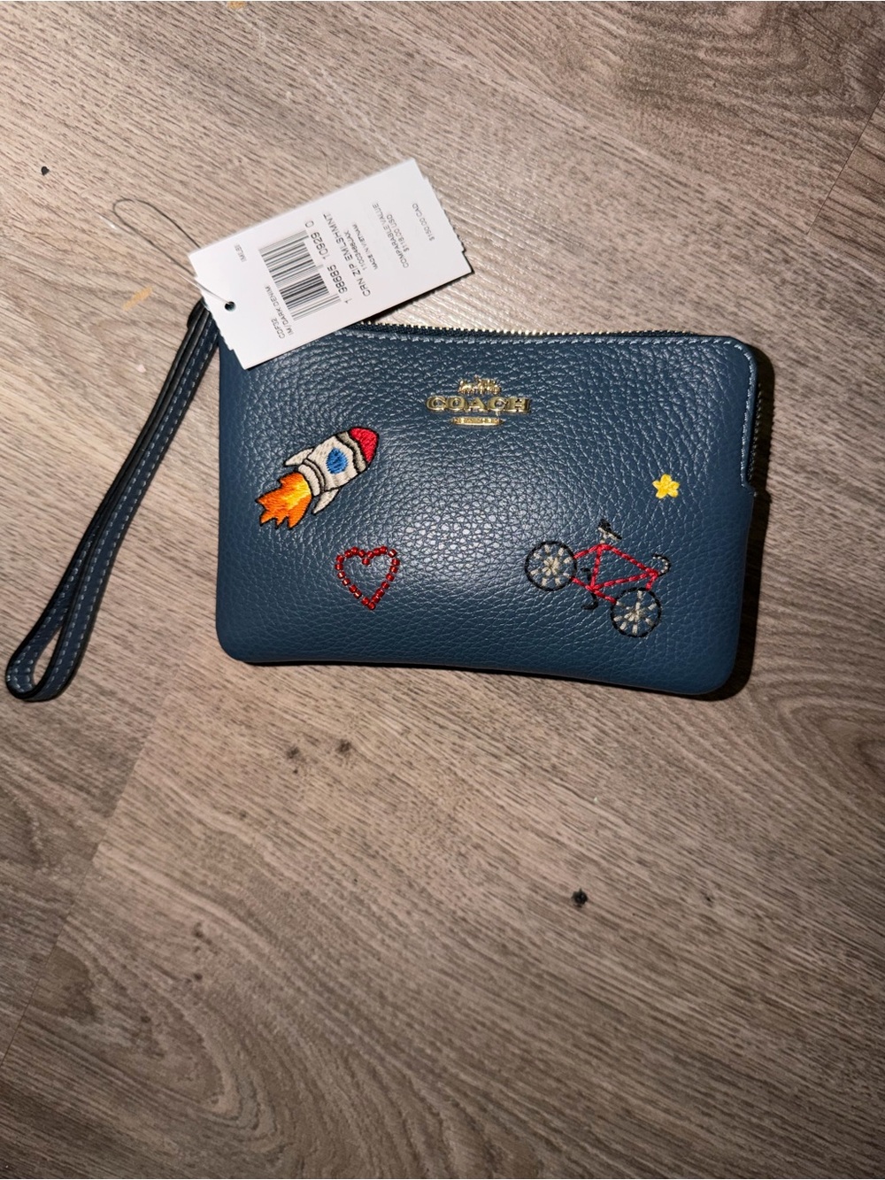Coach Blue Leather Wristlet Pouch with Embroidered Rocket & Bike
